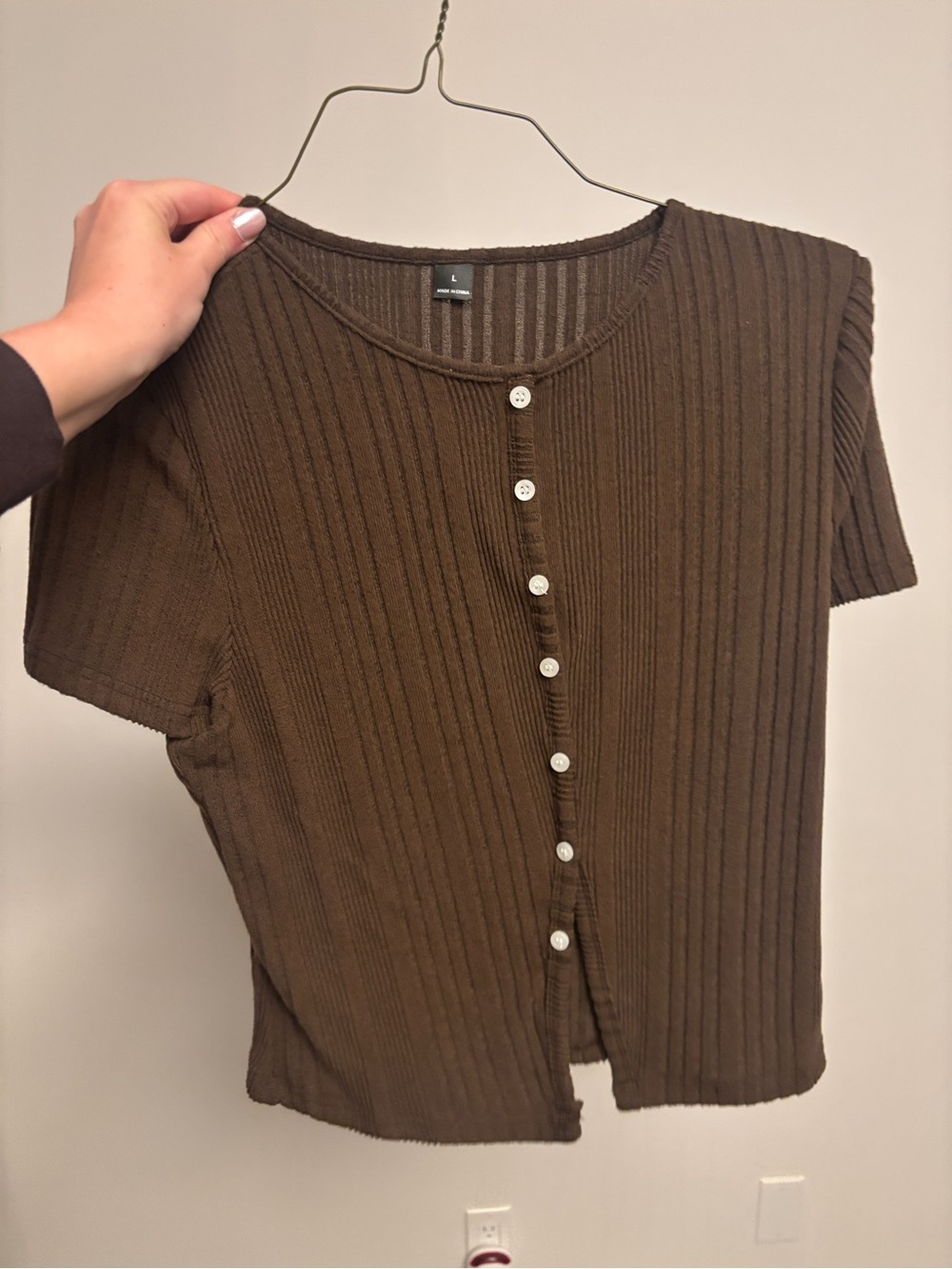 SHEIN Brown Ribbed Button-Front Short Sleeve Top